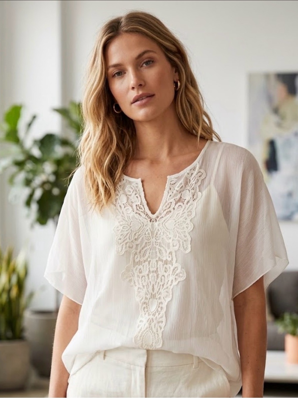 Johnny Was Light Pink Sheer Cupra Rayon Crochet Lace Trim Blouse Top Large